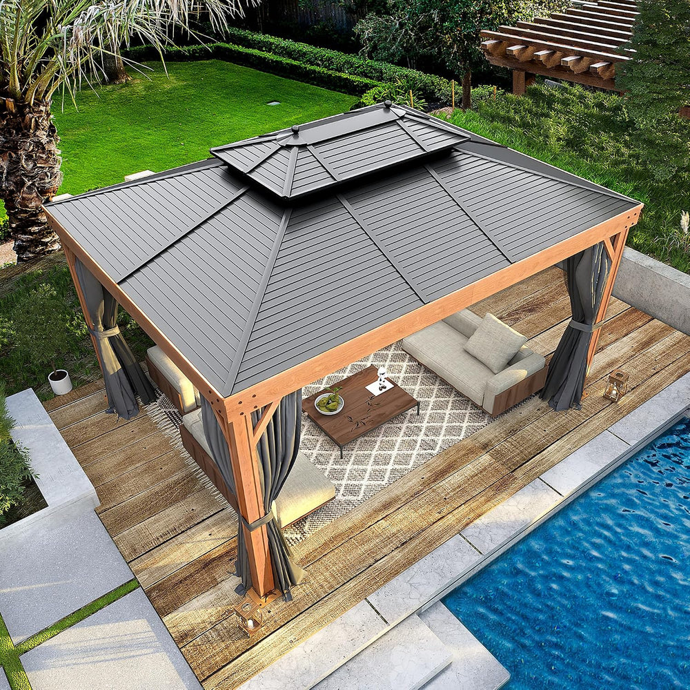 YOLENY 10' x 13' Hardtop Gazebo Faux Wood Grain with Aluminum Frame, ...