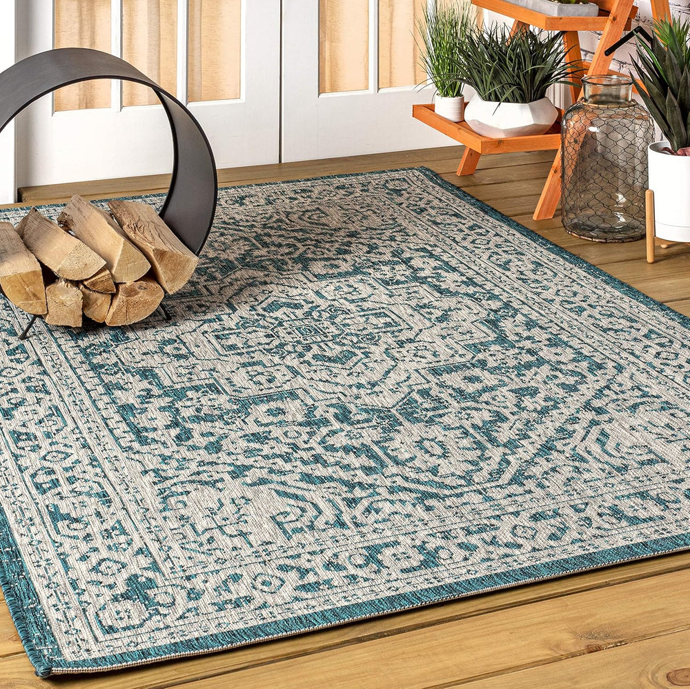 JONATHAN Y Medallion Weave Indoor Outdoor Area Rug 8X10 Teal Blue/Gray, Sinju...