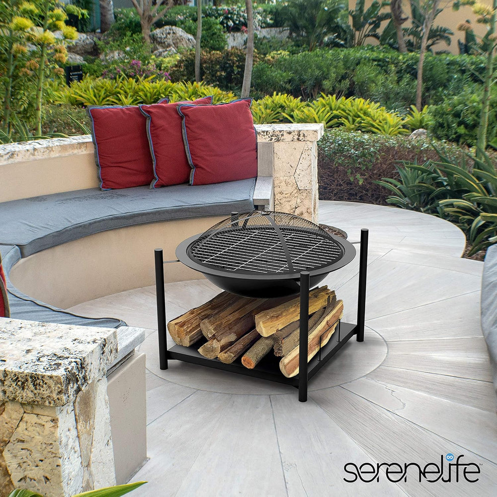 SereneLife Outdoor Wood Fire Pit - 26" Steel BBQ Grill with Mesh Spark S...