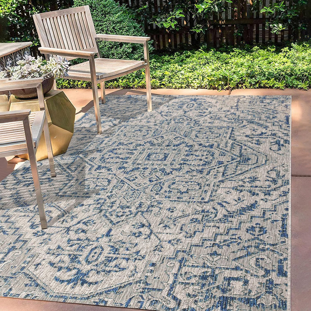 JONATHAN Y Boho Medallion Indoor Outdoor Area Rug 9X12 Navy/Gray, Estrella Te...