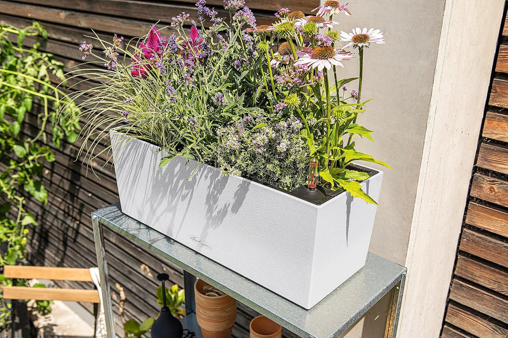 Lechuza BALCONERA Stone 50 Quartz White, Self-Watering Window Box (Railing Pl...