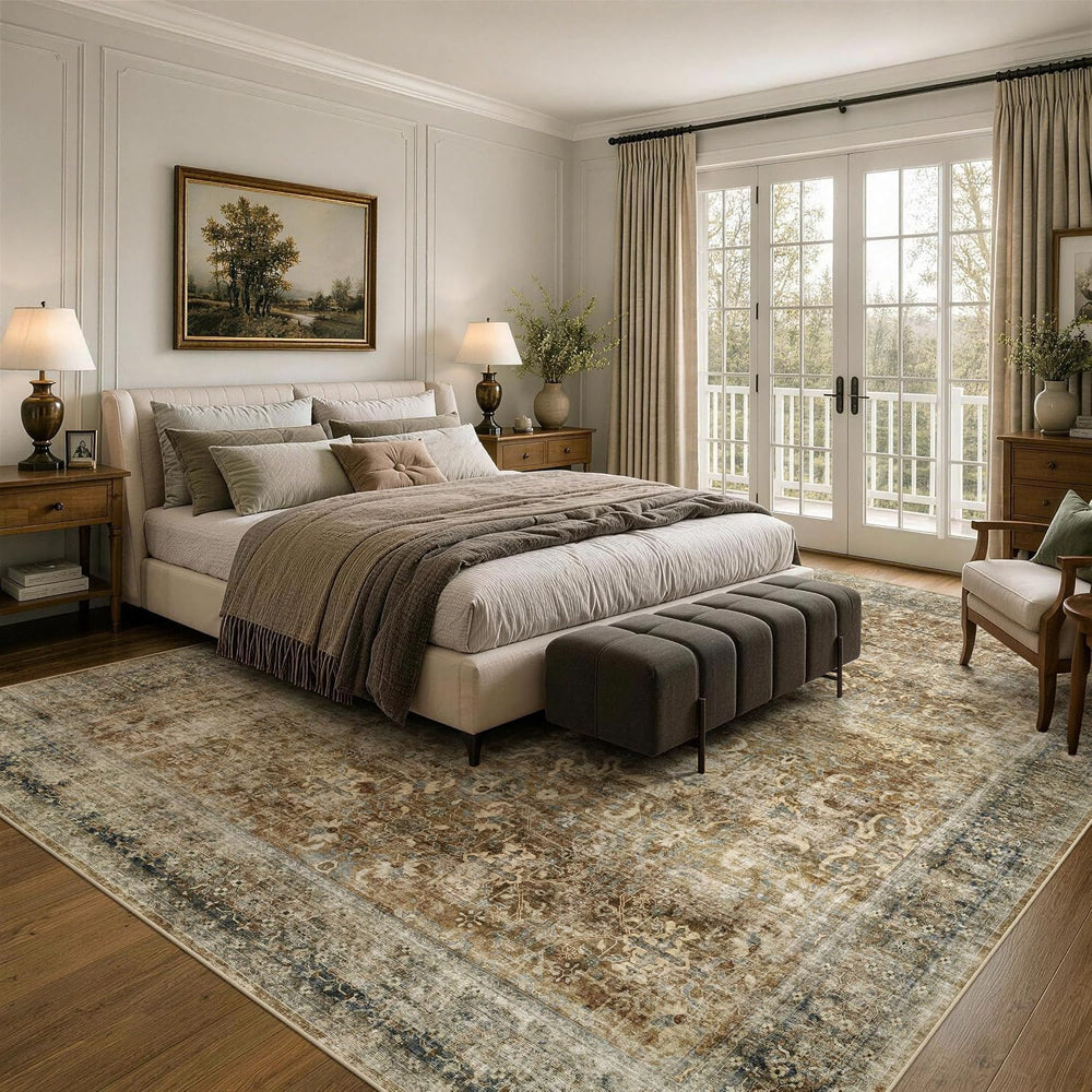 8x10 Brown Area Rug for Living Room Bedroom, Washable Vintage Neutral Rug, No...
