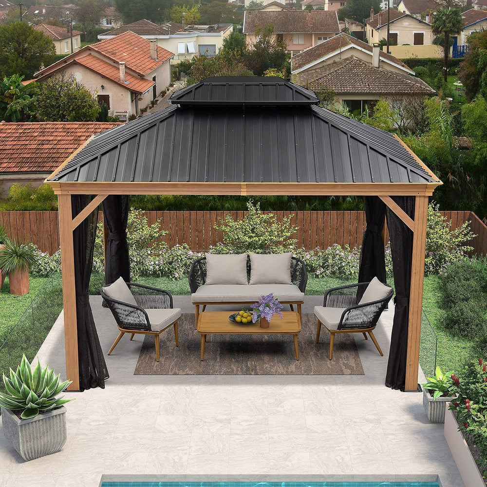 PURPLE LEAF Hardtop Gazebo 10' x 12' with Drainage System, Wood Grain...