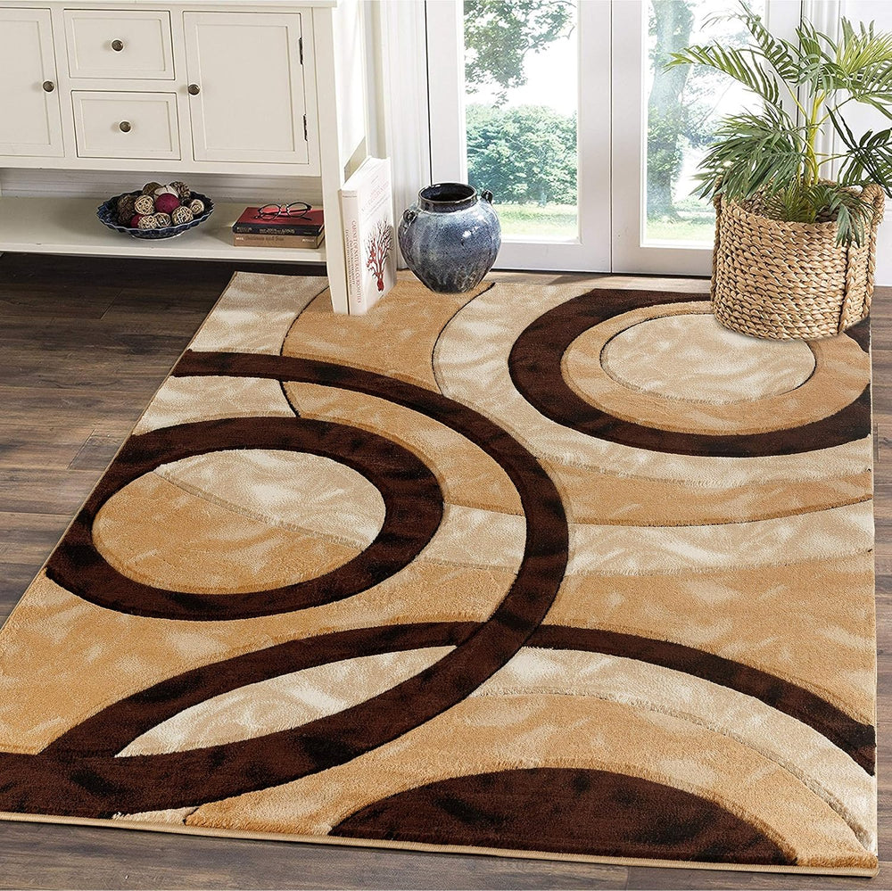 GLORY RUGS Area Rug Modern 4x6 Brown Circles Geometry Soft Hand Carved Contem...