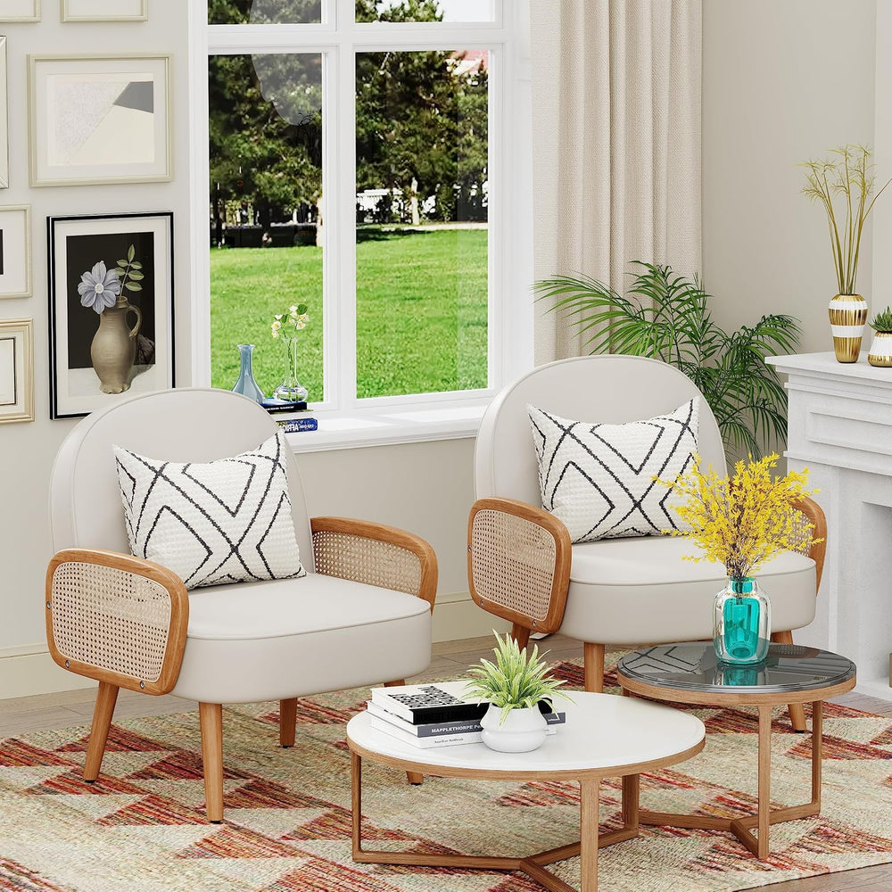 Aklaus Mid Century Modern Accent Chairs Set of 2 Upholstered Rattan Faux Leat...