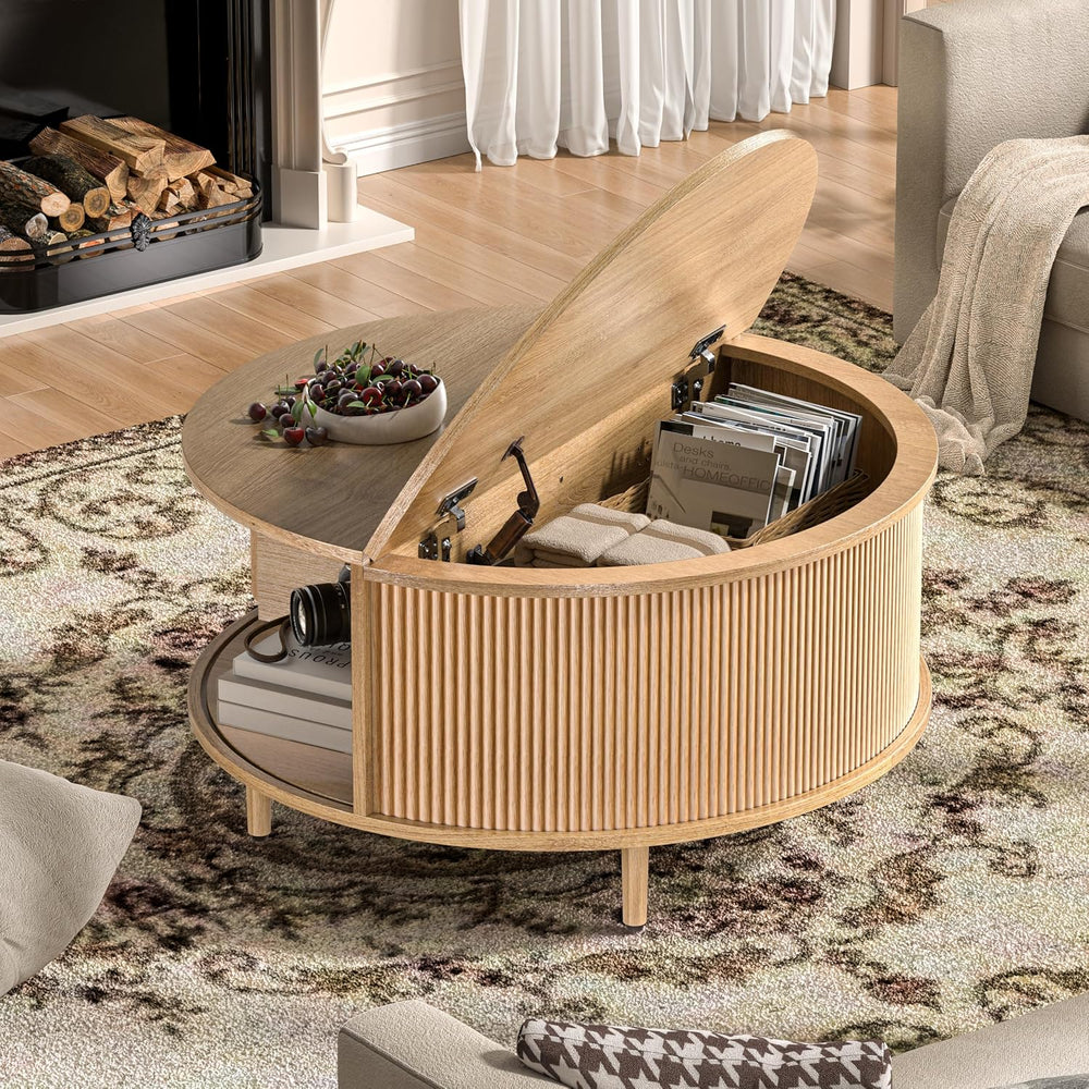 Round Coffee Table, 31.5" Fluted Center Table with Storage, Lift-Top Cof...