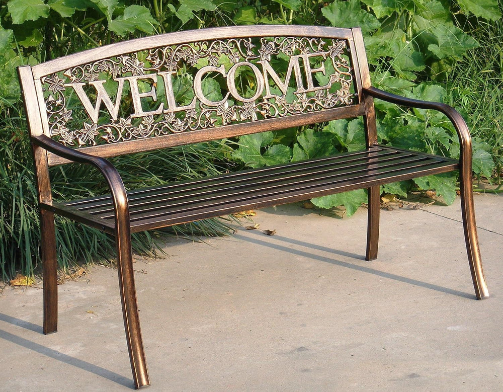 Leigh Country Metal Outdoor Bench, Welcome Design, Decorative Patio Seating f...