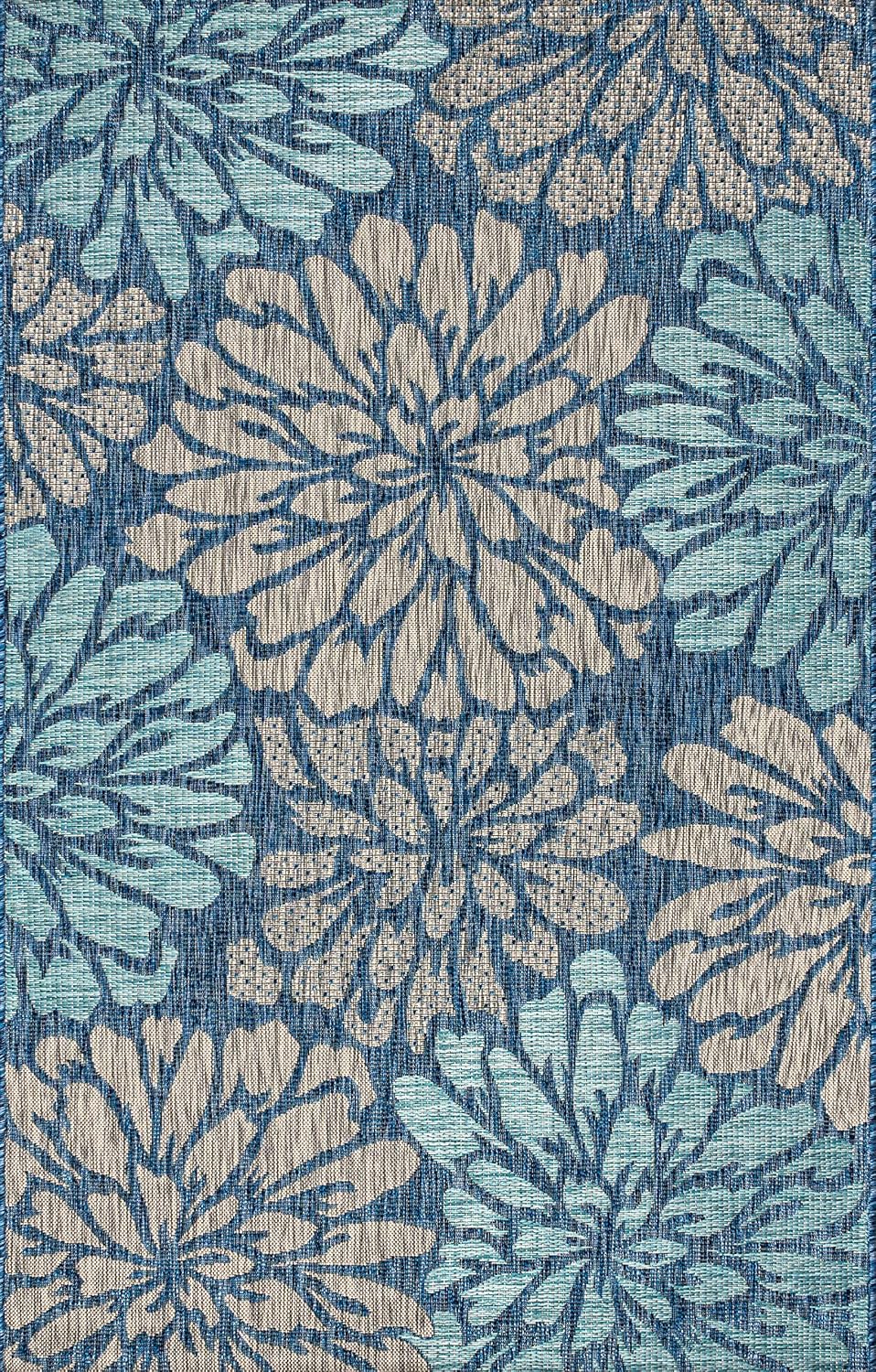 JONATHAN Y Floral Textured Weave Indoor Outdoor Area Rug 5X8 Navy/Aqua, Zinni...