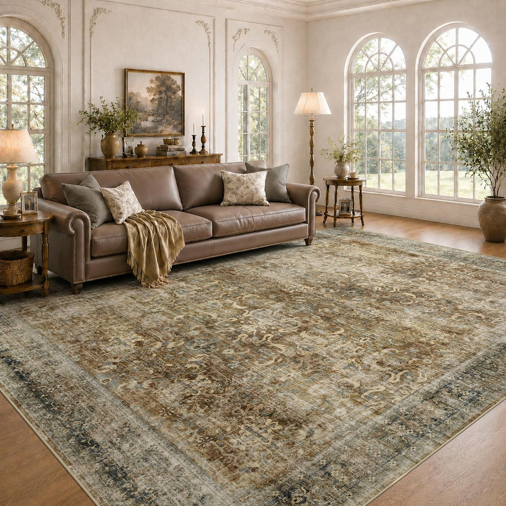 8x10 Brown Area Rug for Living Room Bedroom, Washable Vintage Neutral Rug, No...