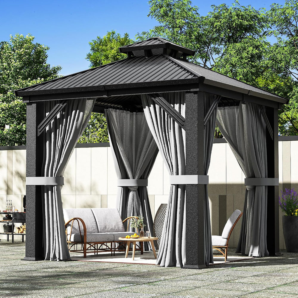 AirWire 8'x8' Hardtop Aluminum Gazebo with Curtains & Netting Dar...
