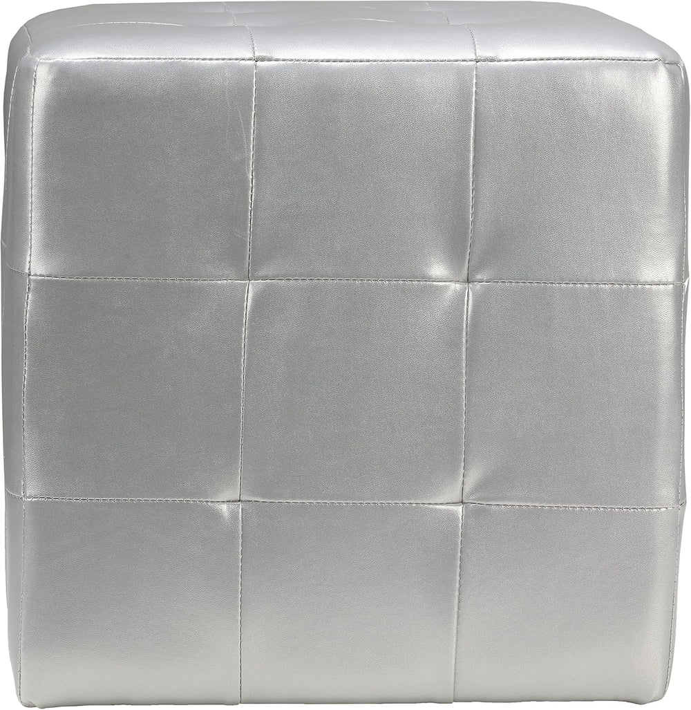 Cortesi Home Apollo Cube Ottoman in Metallic Silver Faux Leather