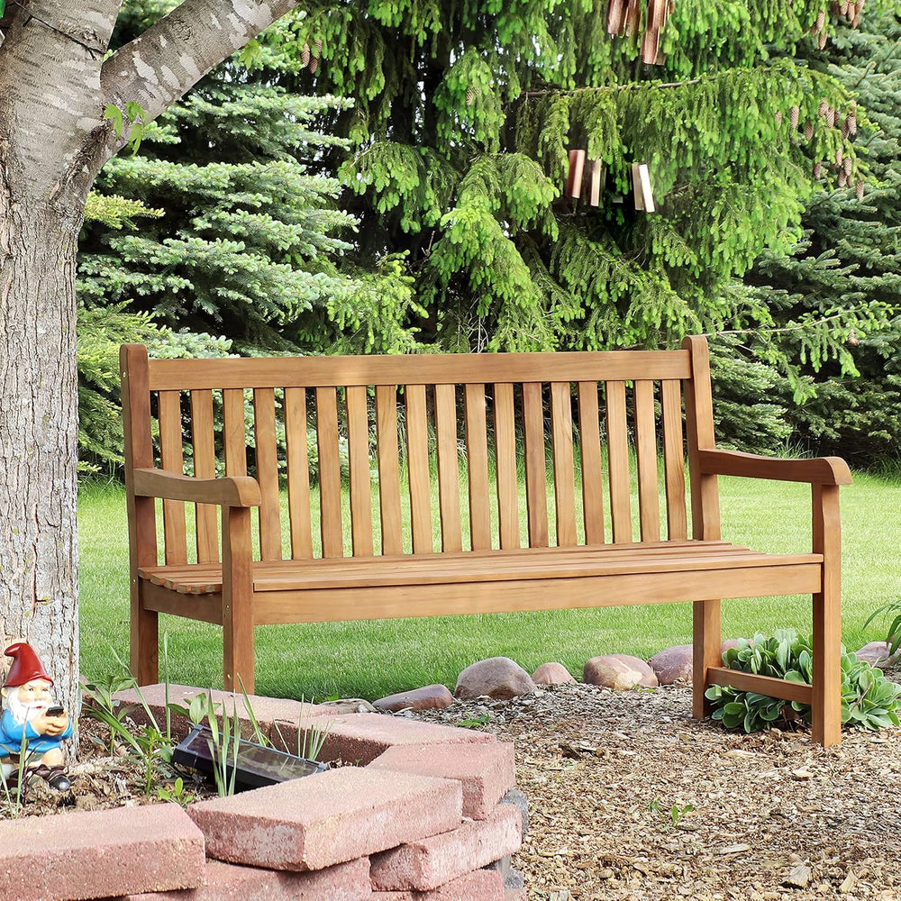 Sunnydaze Wooden Outdoor Teak Bench with Backrest, 59” W, Light Brown