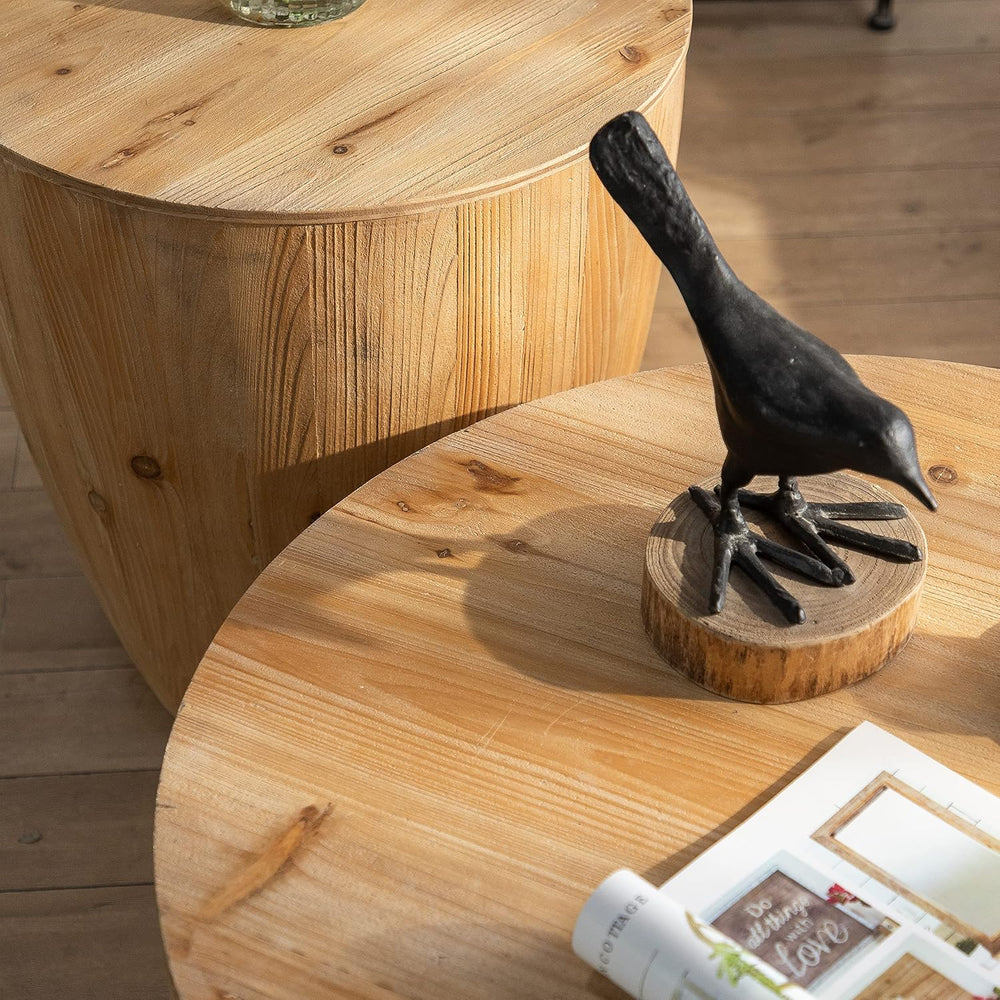 Round Wood Coffee Table End Table Side Table Set of 2 with Storage for Living...