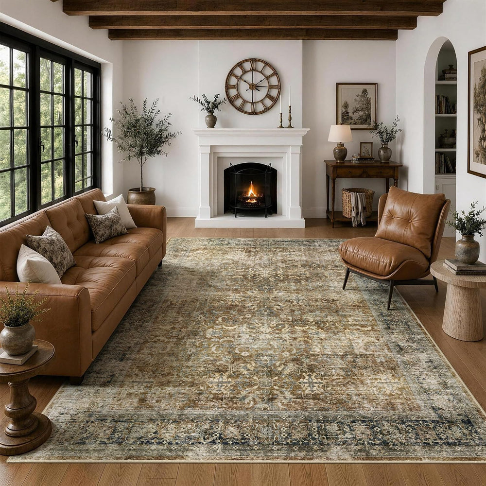 8x10 Brown Area Rug for Living Room Bedroom, Washable Vintage Neutral Rug, No...