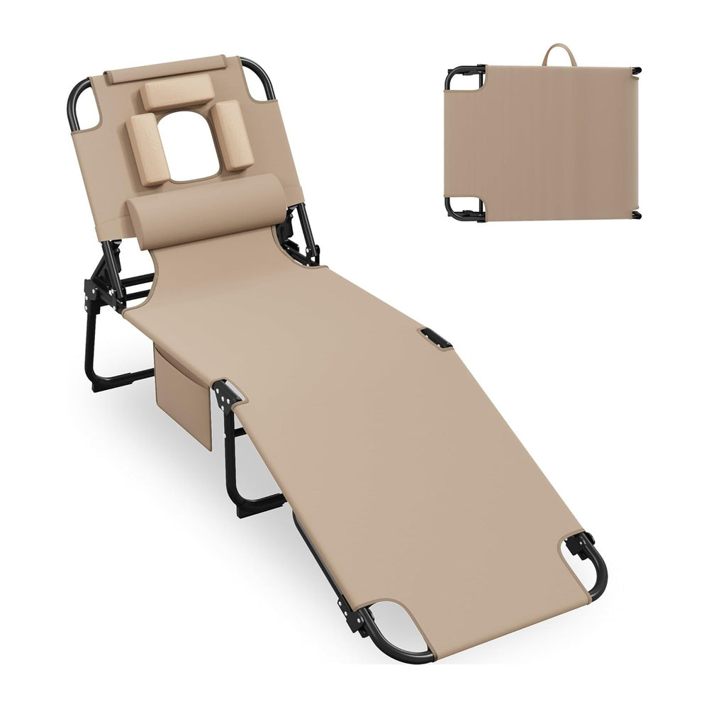 400lbs Tanning Chair with Face Hole, 5-Position Folding Chaise Lounge Chair w...