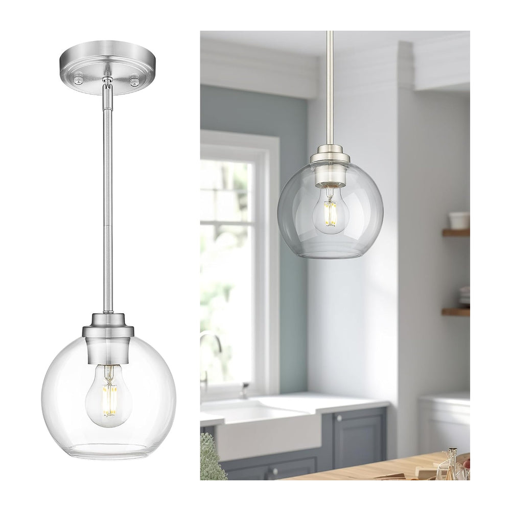 7-Inch Brushed Nickel Pendant Light,Clear Globe Glass,PL101BN