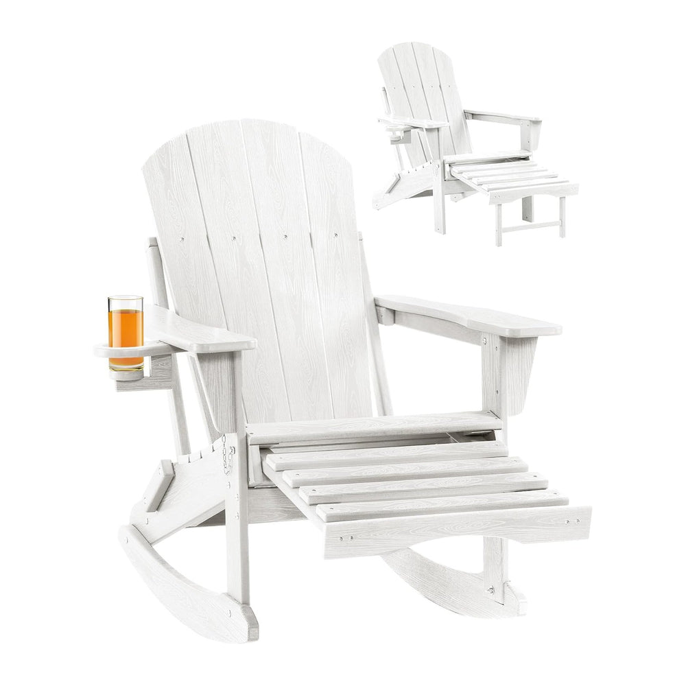 Adirondack Rocking Chair with Retractable Ottoman and Cup Holders, HDPE Adiro...