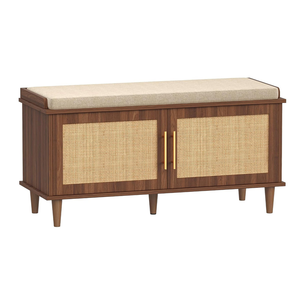 Akxomel 39.4" Rattan Shoe Storage Bench 2 Doors Entryway Bench Walnut