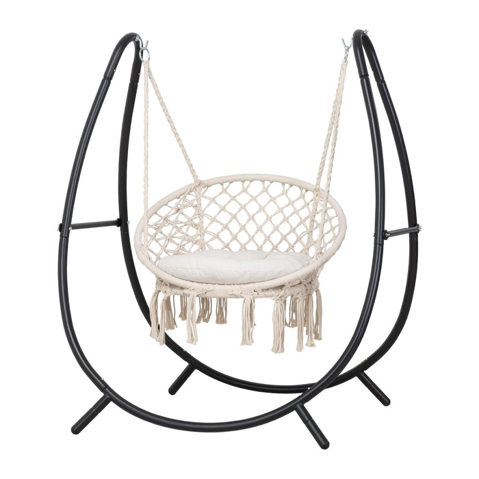 ANOW Patio Macrame Hammock Chair with Stand and Seat Cushion, Natural