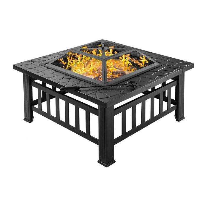 Bonnlo 32” Metal Porch Fire Pit Outdoor Square Poatable Wood Burning Table- Includes Mesh Spark Screen Top, Waterproof Cover and Poker for Camping Patio Backyard Bonfire Fireplace