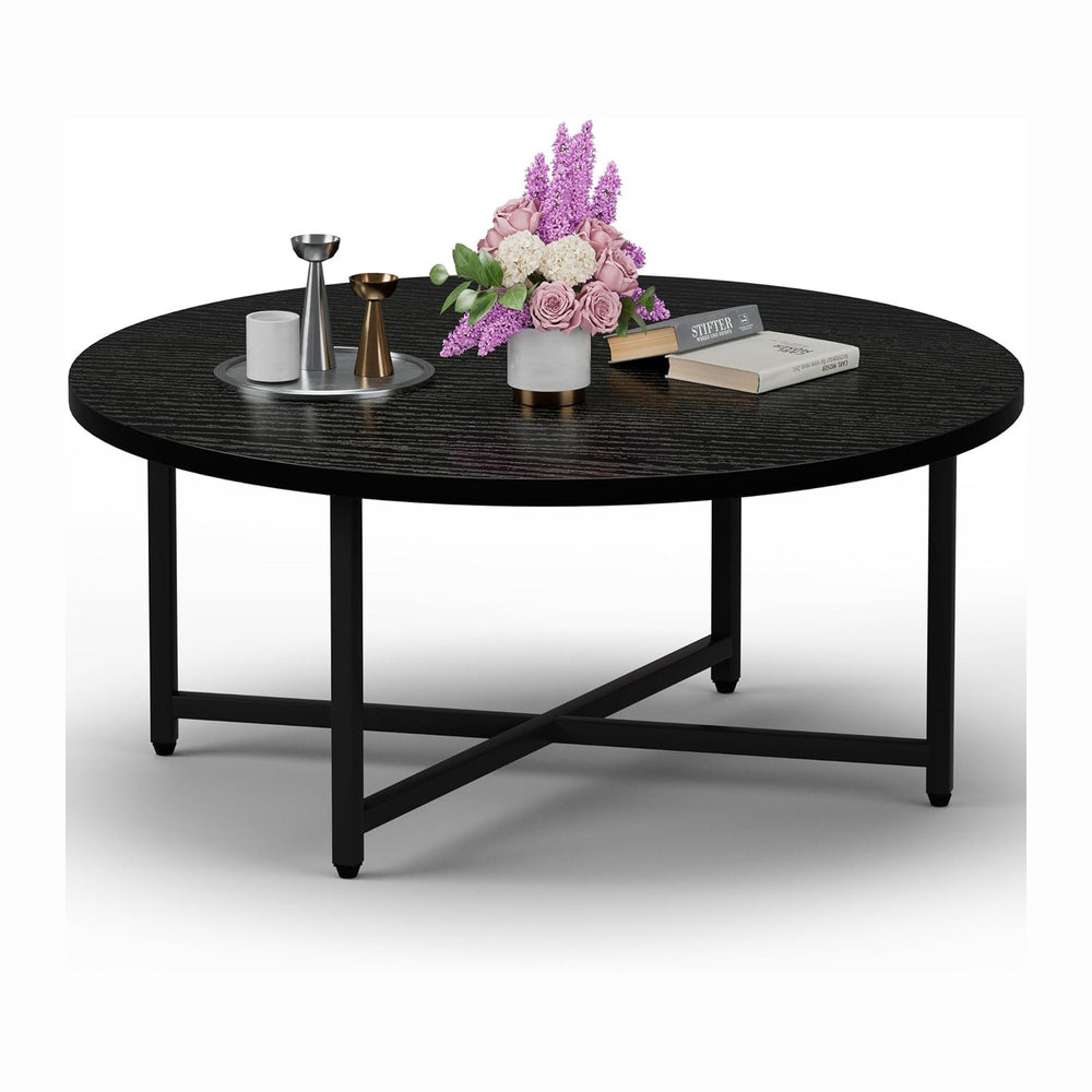 FAMIDGE Coffee Table, 31.5" Round Black Coffee Table for Living Room, Ce...