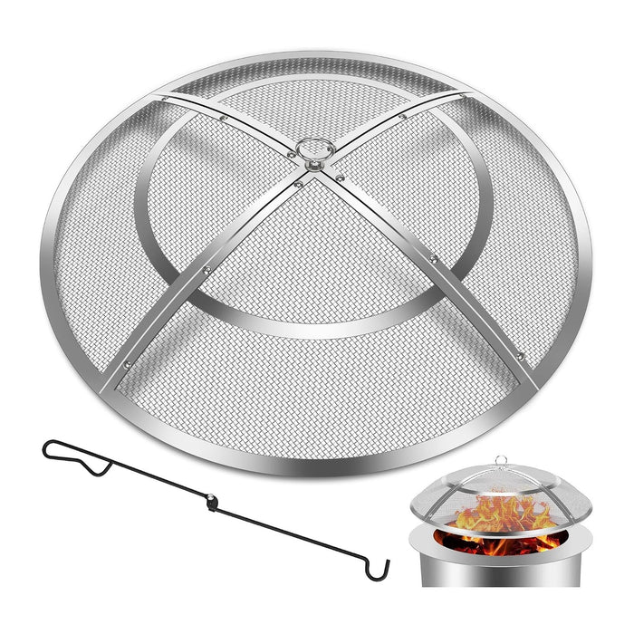 Fire Pit Spark Screen,36 Inch Fire Pit Screen Cover Stainless Steel Outdoor with Handle&Poker,Firepit Screens Cover Round Mesh Lid Heavy-Duty Steel Replacement for Backyard/Beach/RV Camping