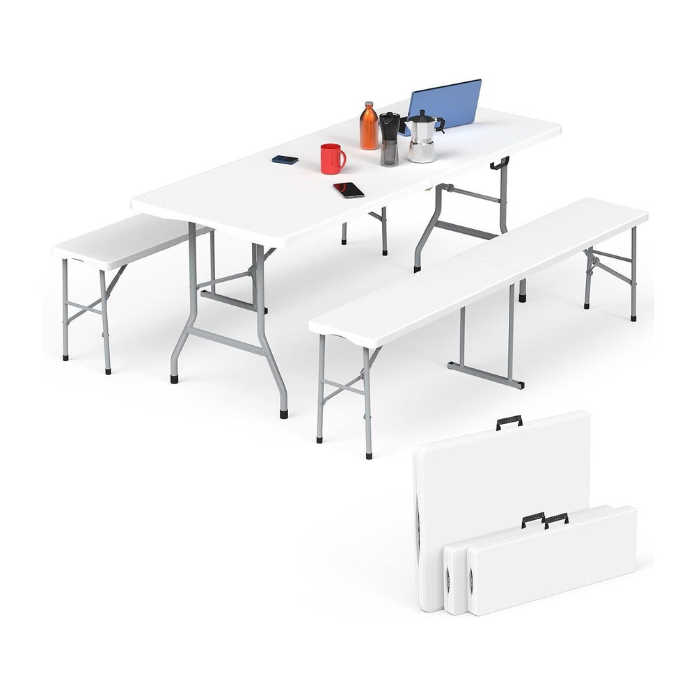 Folding Table Picnic Table Set with 2 Benches, 6 ft Camping Table Chair Set