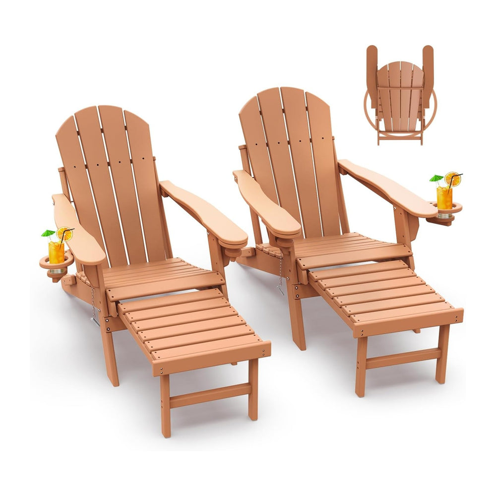 GREENVINES Adirondack-Chairs-with-Ottoman Set of 2, Folding,HDPE, Teak