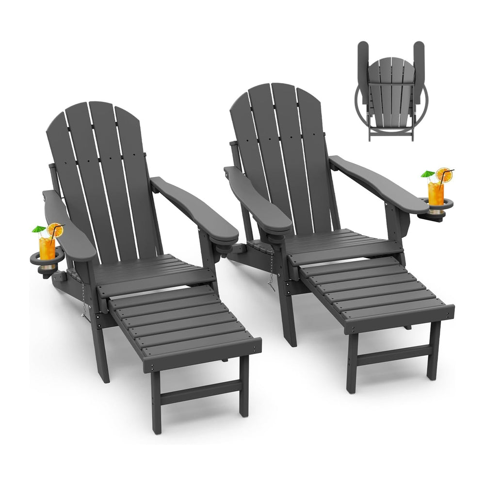 GREENVINES Folding Adirondack-Chairs-with-Ottoman Set of 2, HDPE, Grey