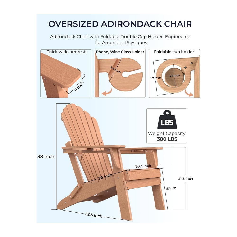 HDPE Folding Adirondack Chair with Dual Cup Holders, Cedar