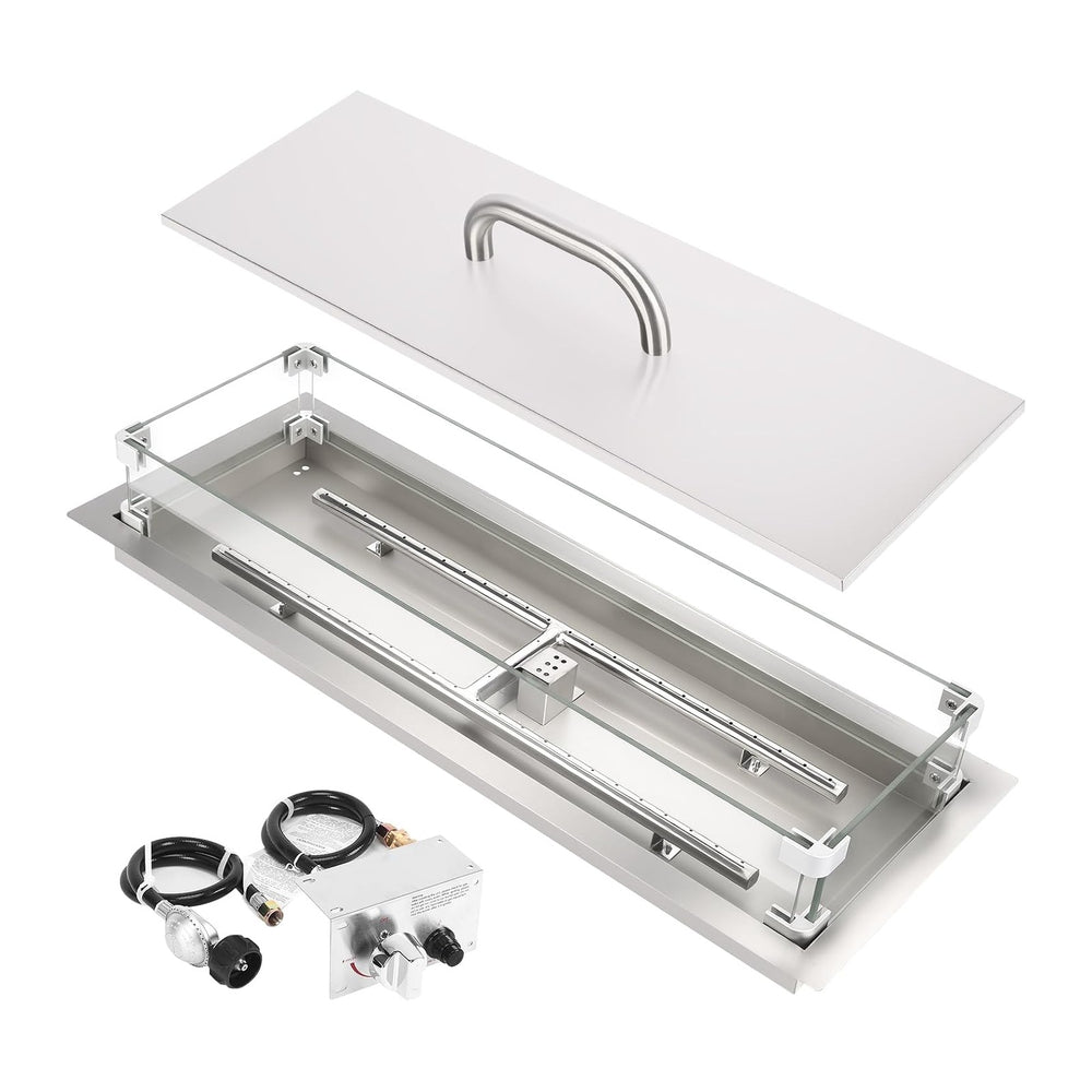 Hisencn 30 x10 Inch Drop-in Fire Pit Kit with Glass Wind Guard and Lid