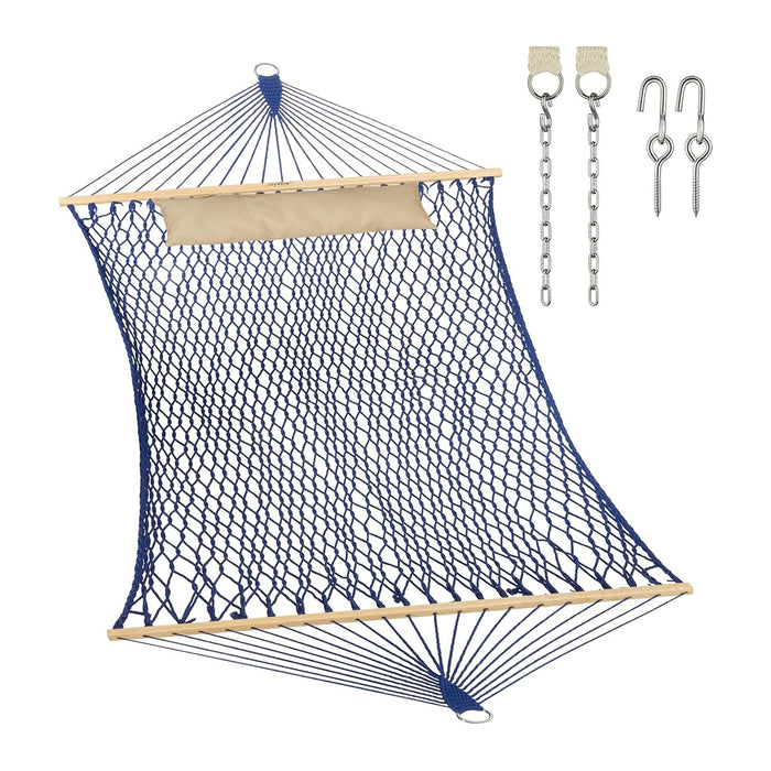 JoyView Traditional Rope Double Hammock - Hand Woven Cotton Hammock with Hardwood Spreader Bar and Pillow 450lb Capacity for Outdoor Indoor Patio Yard - Blue
