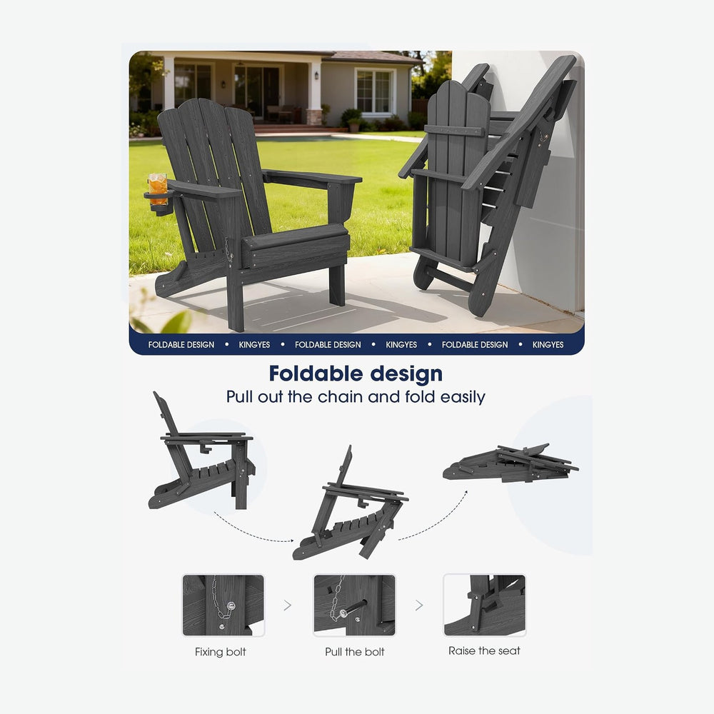 KINGYES Folding Adirondack Chair Set of 2 with Cup Holder, Grey