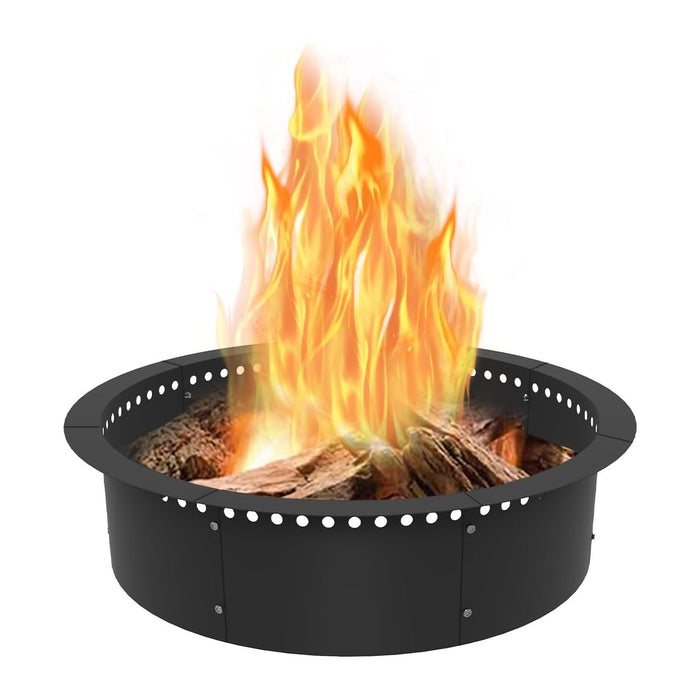 Koutemie Outdoor Smokeless Fire Pit Ring Liner 32-Inch Outer/28-Inch Inner Diameter, Heavy Duty Solid Metal Steel Round Firepit Rim Insert for Outside DIY Campfire Ring Above or In-Ground, Black