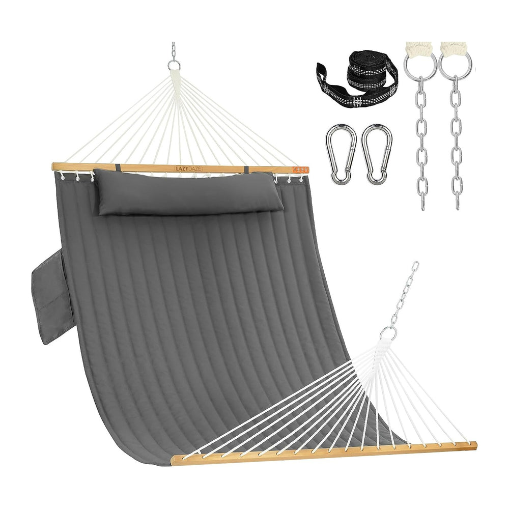 Lazy Daze Double Hammock with Pillow & Tree Straps for Outside, Grey