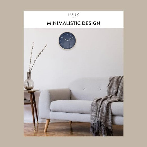 LUUK LIFESTYLE Modern Silent Quartz Wall Clock, 10in, Dark Blue & Gold