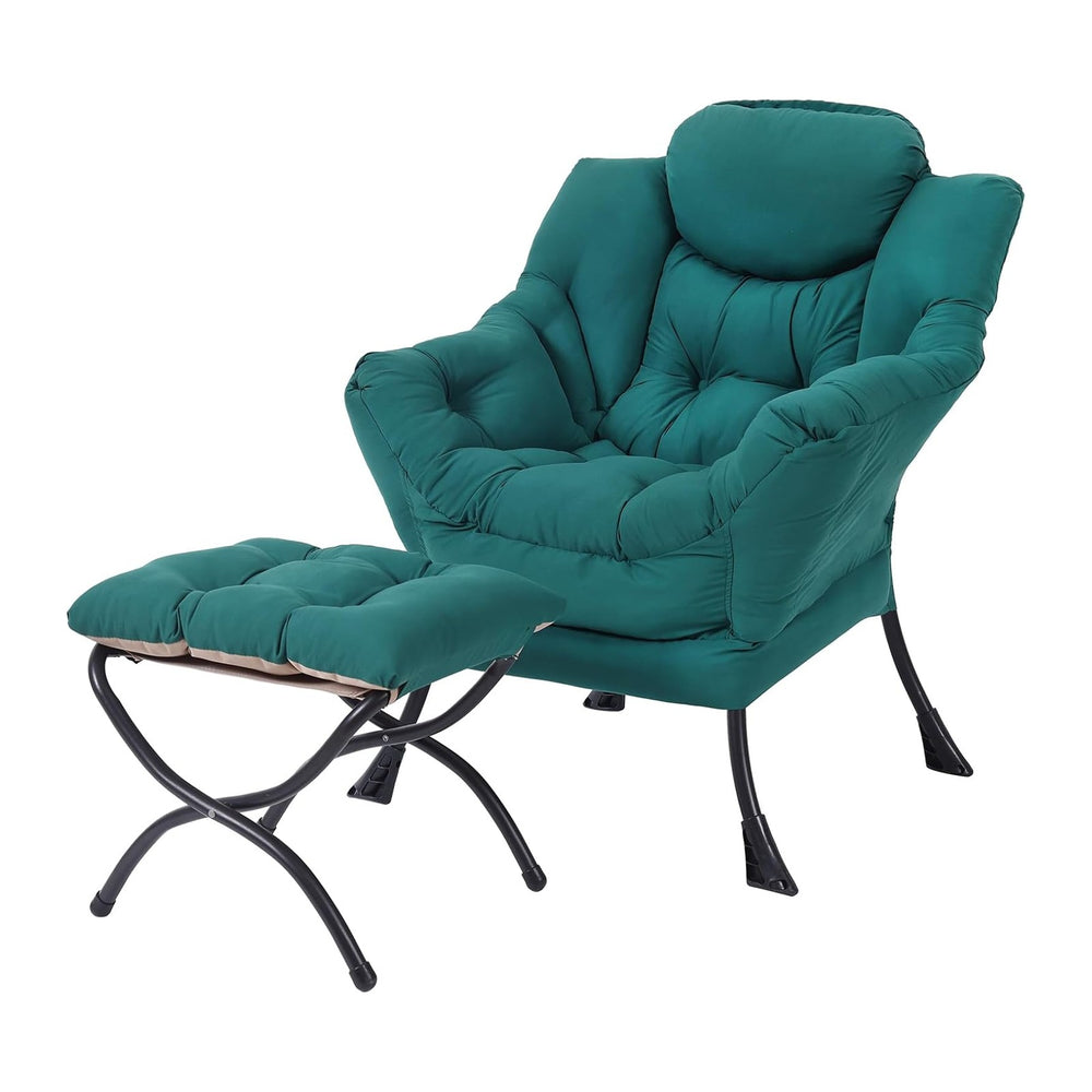 Modern Lazy Chair with Ottoman, Comfy Accent Reading Chair, Dark Green