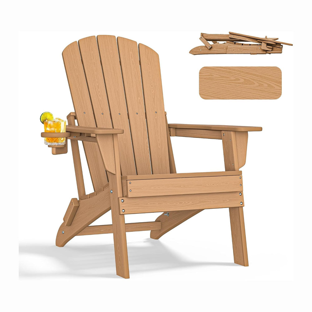 nevilywood Folding Adirondack Chair, HDPE Ergonomic Cup Holder, Teak