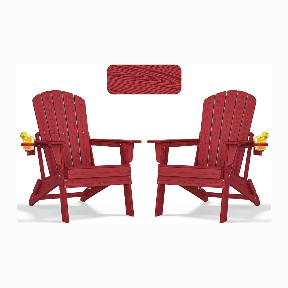 nevilywood Folding Adirondack Chairs Set of 2, HDPE Cup Holders, Red