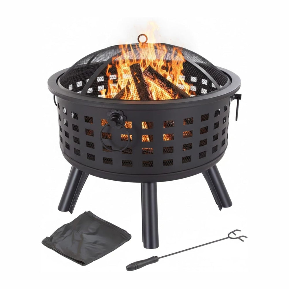 Outdoor Fire Pit - 26-Inch Round Lattice Wood Burning Firepit with Screen, Po...