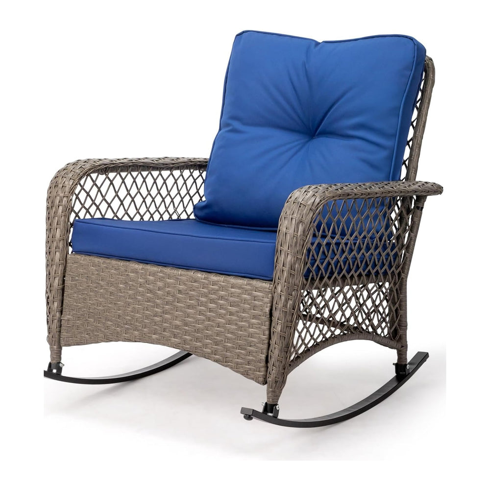 Outvita Outdoor Wicker Rocking Chair w/Cushions & Steel Frame, Navy Blue