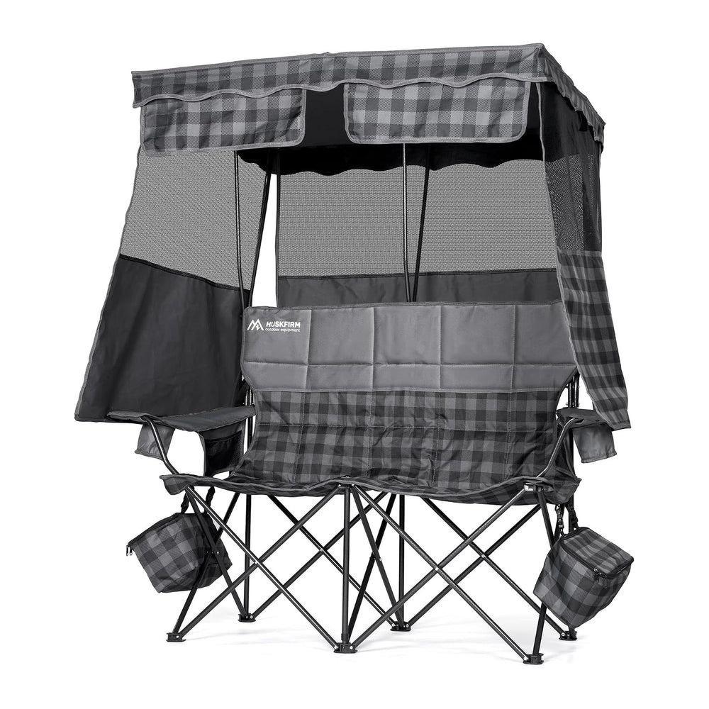 Padded Double Camping Chair With Canopy,Folding Chair Support 450LBS, Grey