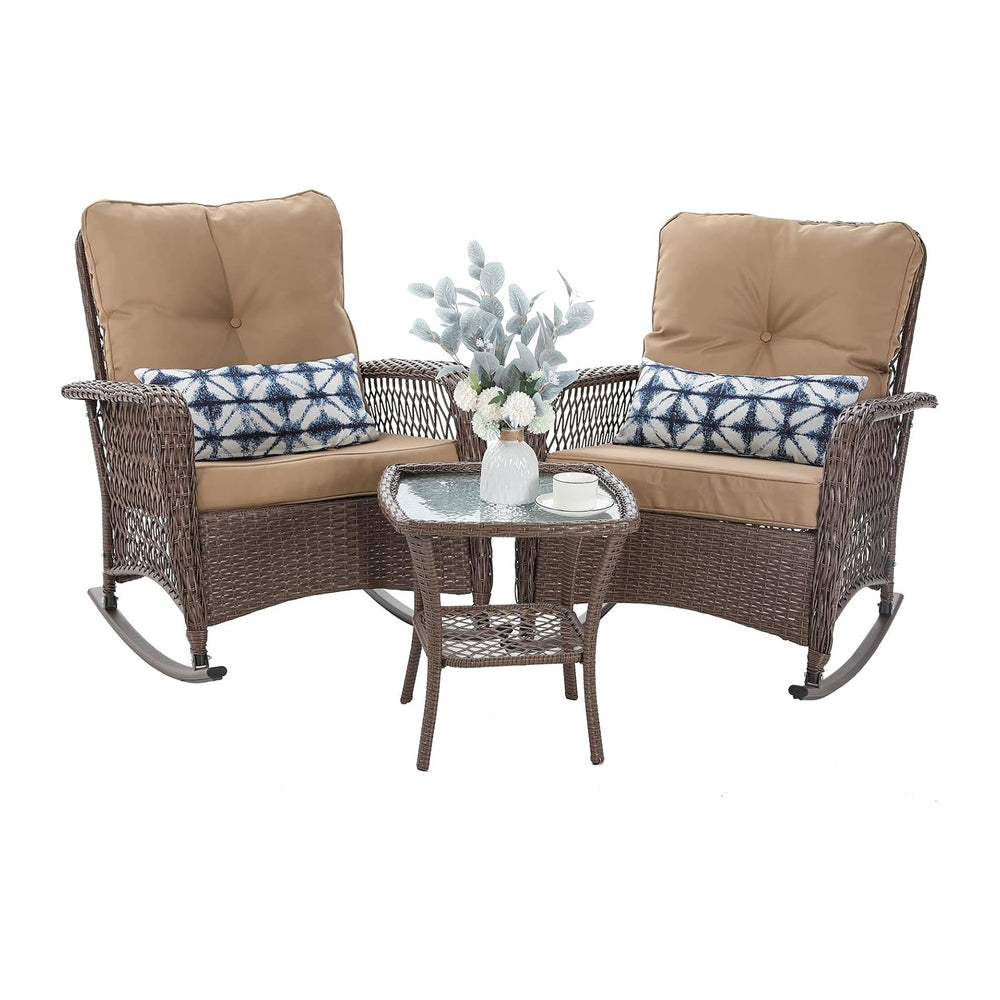 Patio Furniture Set 3 Pieces, Wicker Outdoor Rocking Bistro Set, Khaki