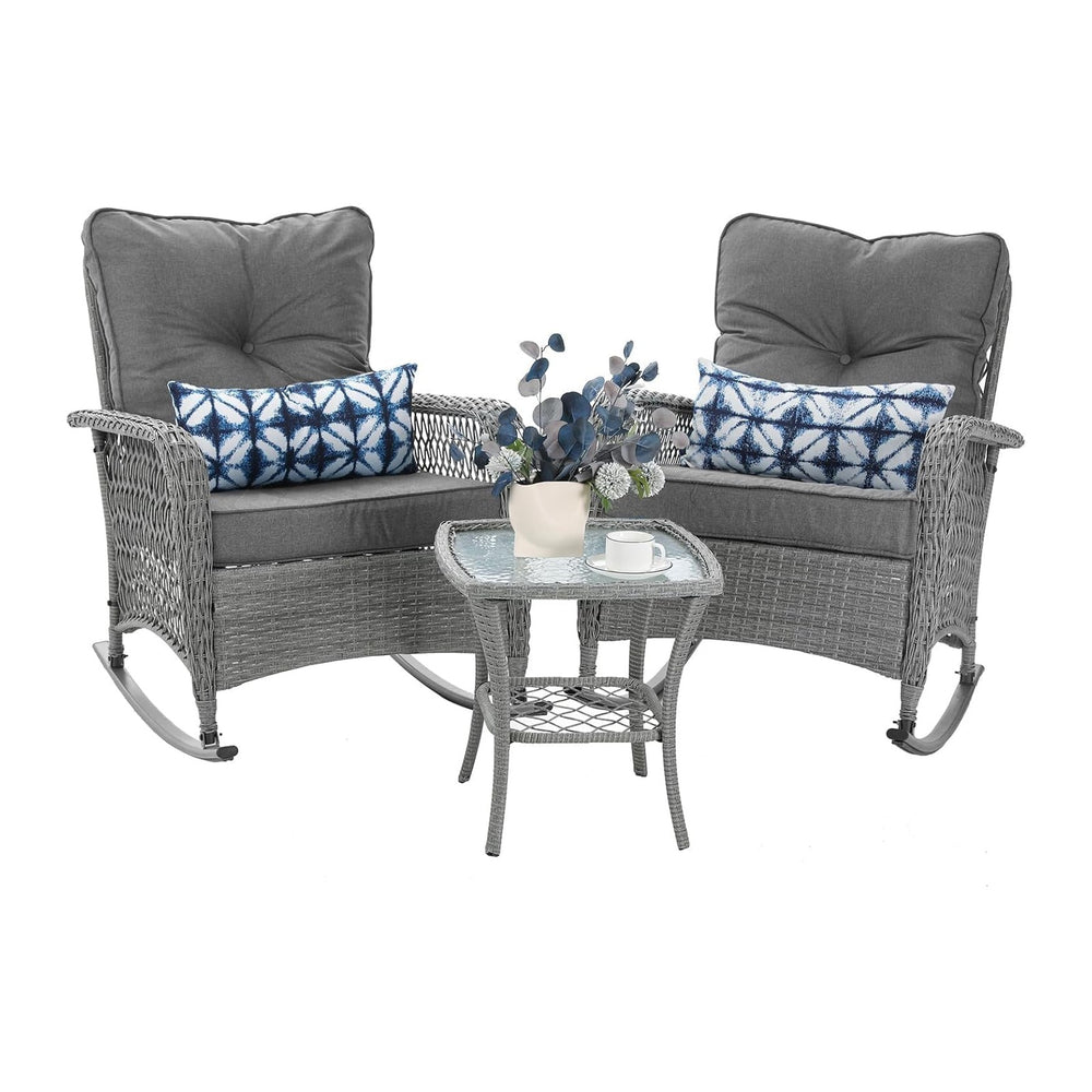 Patio Furniture Set 3 Pieces, Wicker Outdoor Rocking Bistro Set, Grey
