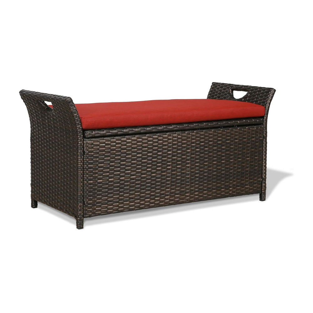 Patio Wicker Storage Bench,Outdoor Rattan Deck Box with Cushion, Red