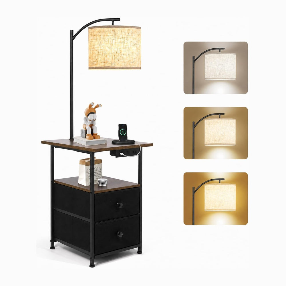 PESRAE Floor Lamp with Table & 2 Drawers, End Table with Lamp, Rustic Brown