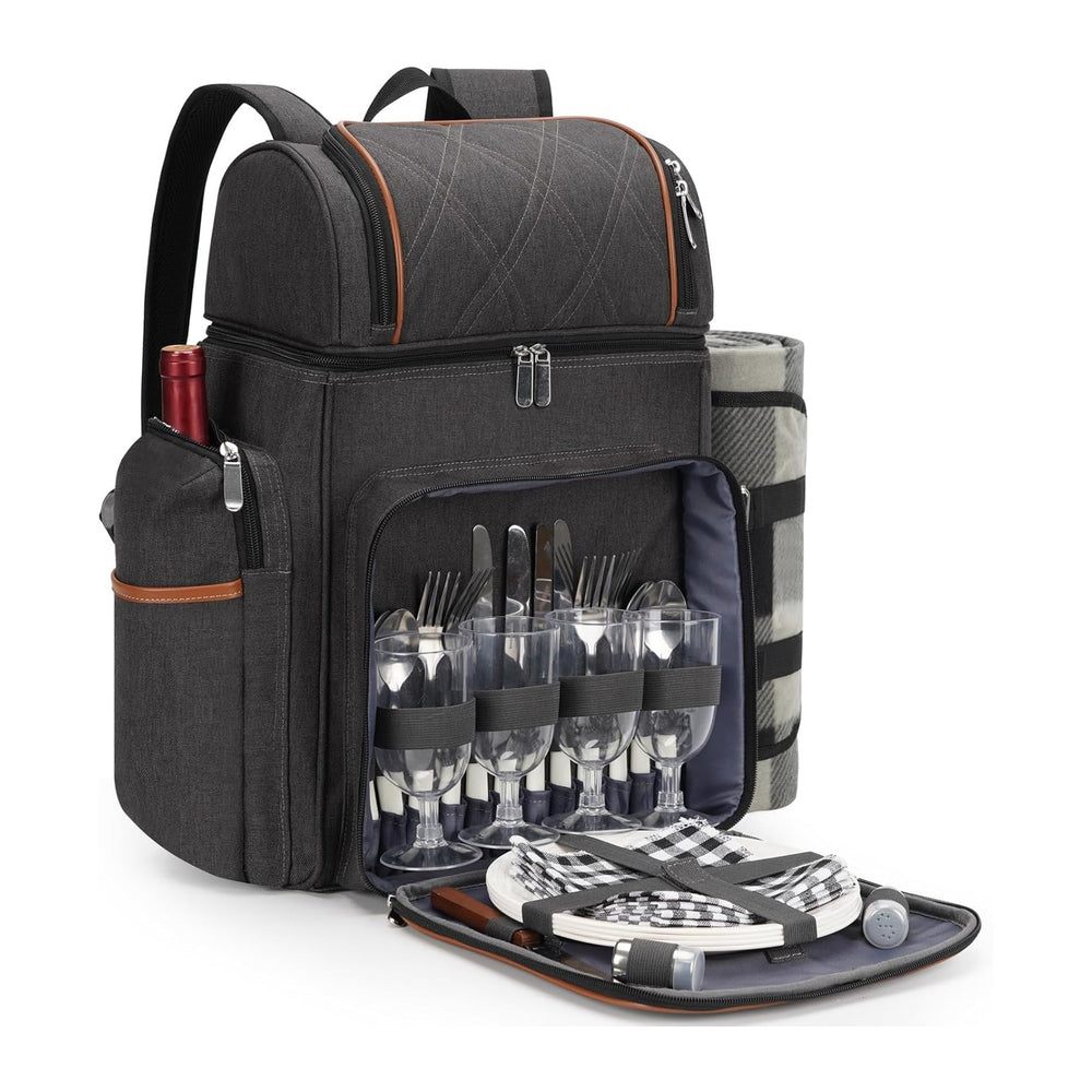 Picnic Backpack for 4, Insulated Cooler Bag with Blanket, Brown