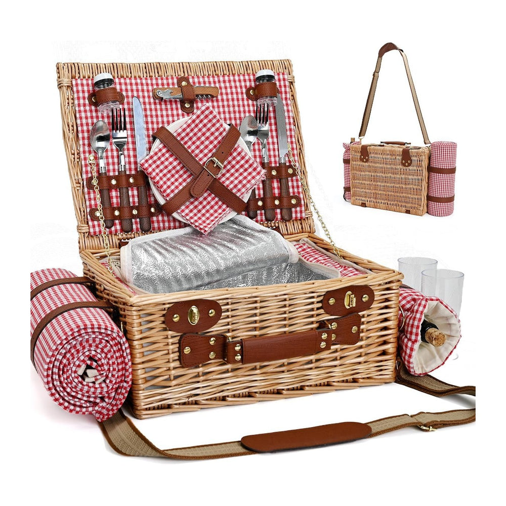 Picnic Basket with Blanket and Wine Pouch for 2, Wicker Picnic Set with Insul...