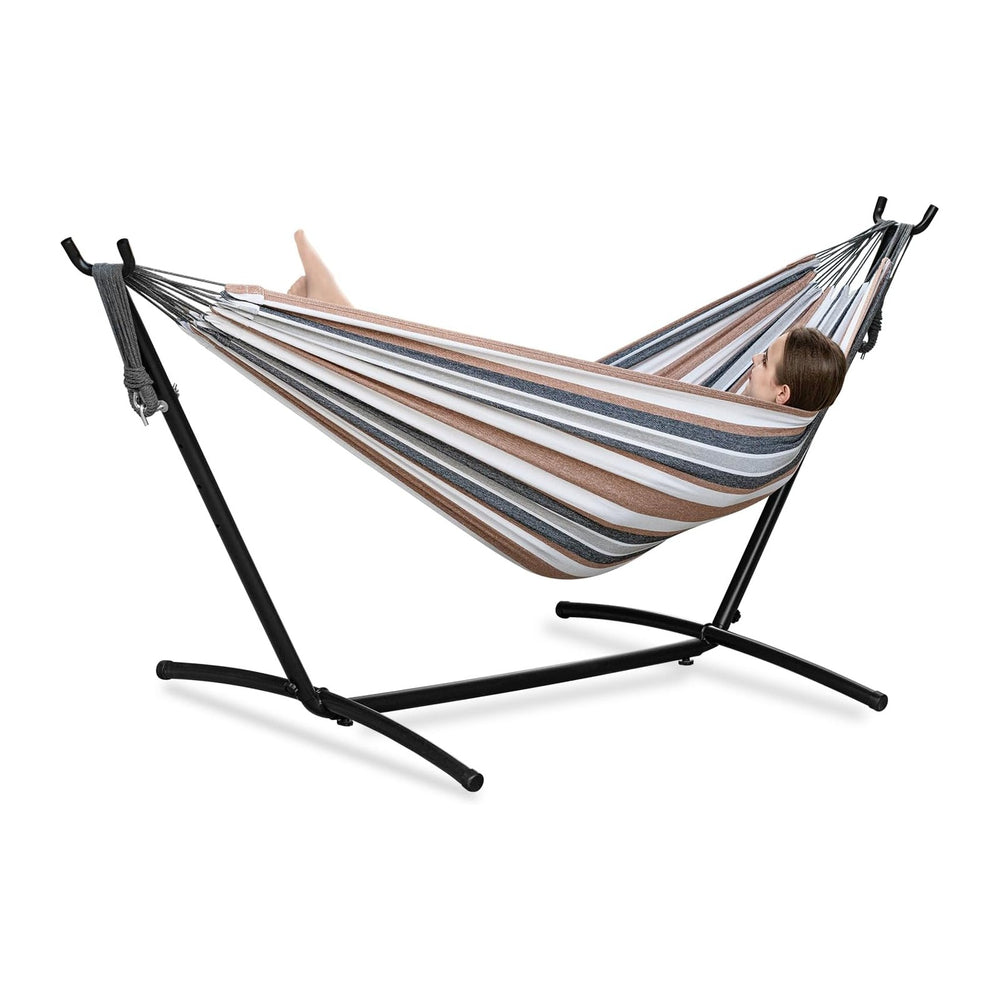 PNAEUT Double Hammock with Stand for Outside, Heavy-Duty, Portable (Coffee)