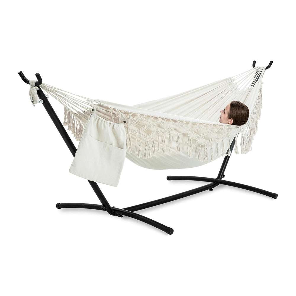PNAEUT Handmade Tassel Hammock with Stand for Outside, 450 lbs Capacity